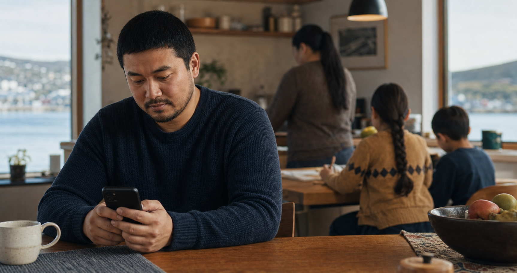 Samme medarbejder ser sit eget overblik på telefonen hjemme hos familien.