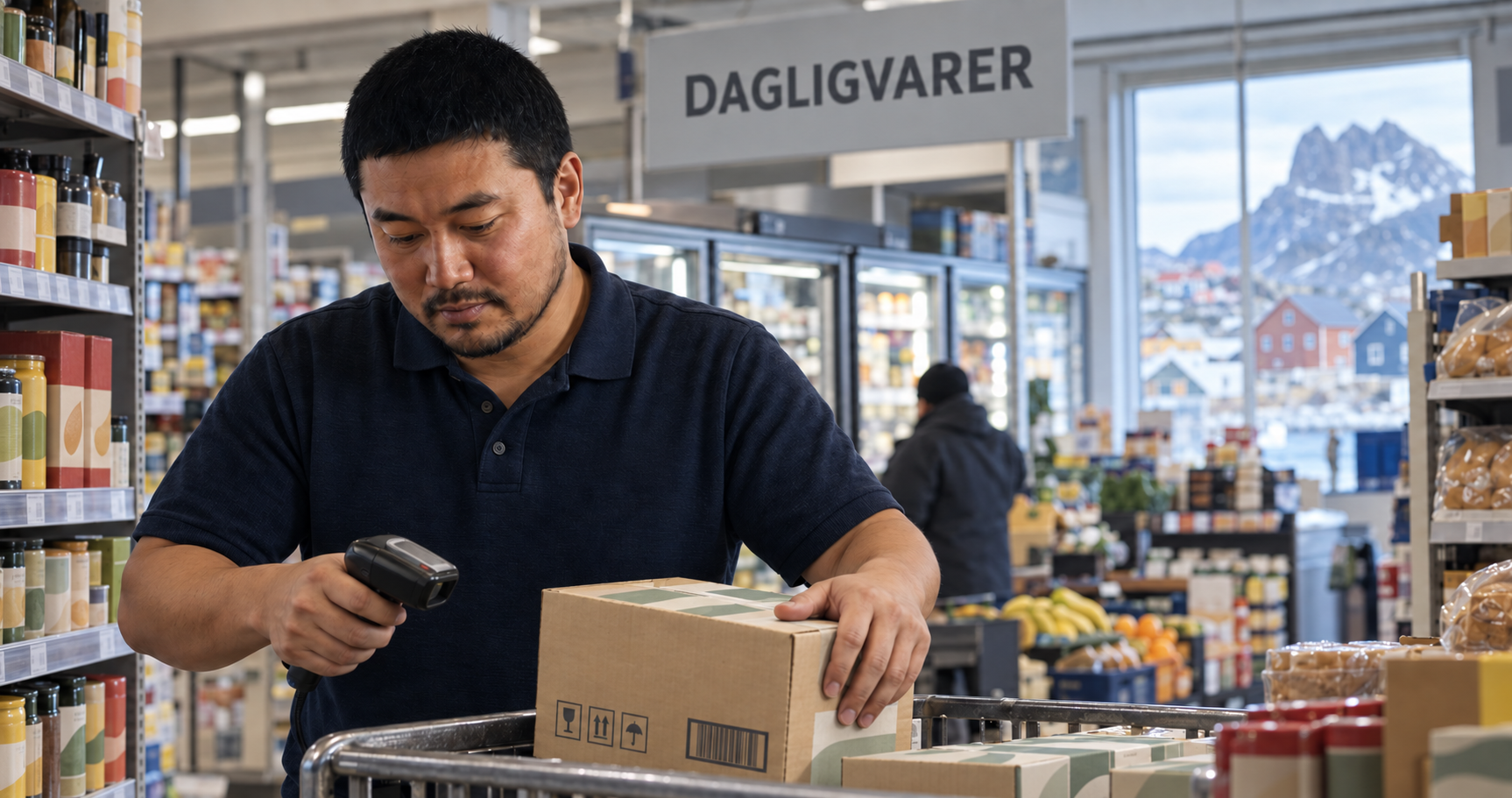 En medarbejder scanner varer i en dagligvarebutik i Uummannaq.